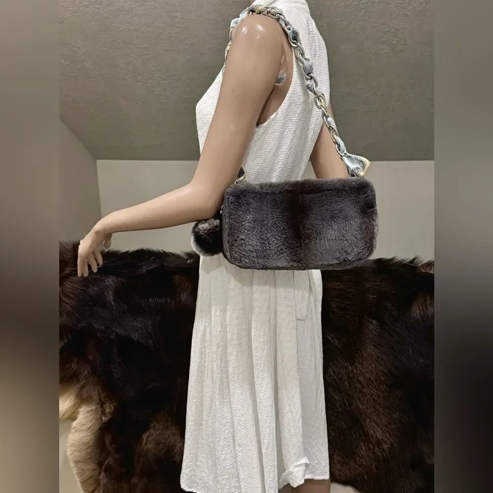 Gray Real Sheared Beaver Fur Handmade Double Zip Pillow Shoulder Bag/ Crossbody